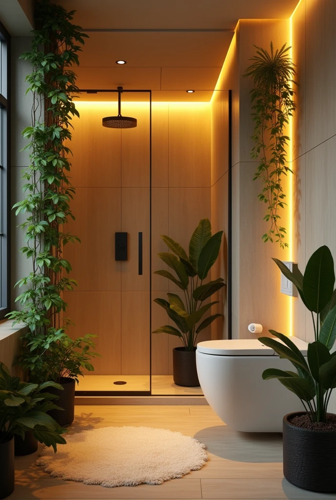 Create the coziest bathroom with ambient lights without a bathtub and make it bigger and add leafy decor make it more realistic and yellow lighting and make it look warmer smaller and a shower instead of bathtub make the walls grey and a glass door separating the shower from the toilet and NO BUTHTUB