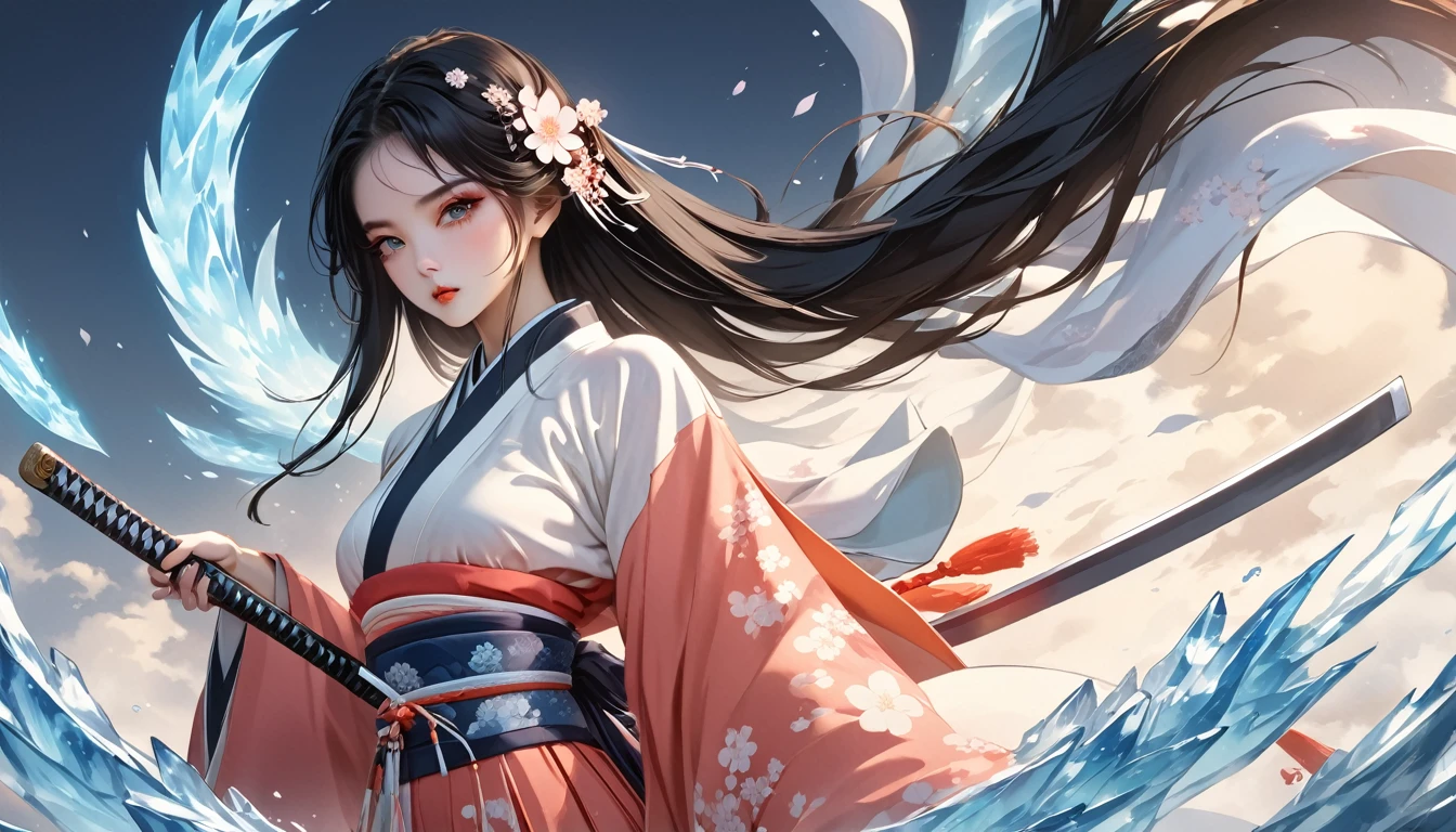 Highest quality、masterpiece、High resolution、masterpiece、4K 、Long black hair、Bangs、Ice Element、Japanese clothing、Hanafuda、with a sword、A pale, shining Japanese sword、in the style of vibrant neo-traditional