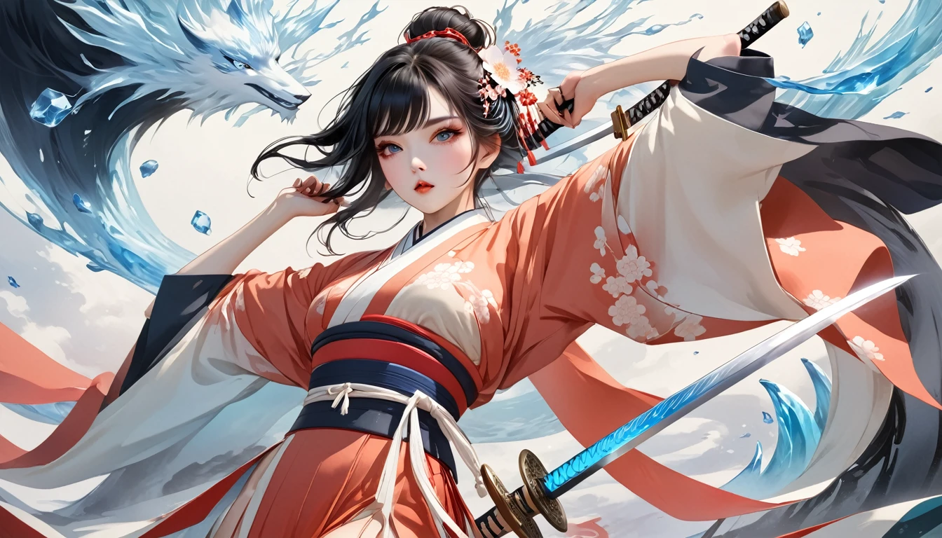 Highest quality、masterpiece、High resolution、masterpiece、4K 、Long black hair、Bangs、Ice Element、Japanese clothing、Hanafuda、with a sword、A pale, shining Japanese sword、in the style of vibrant neo-traditional