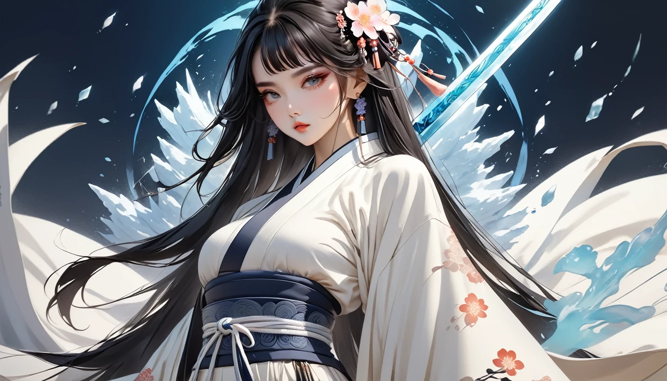 Highest quality、masterpiece、High resolution、masterpiece、4K 、Long black hair、Bangs、Ice Element、Japanese clothing、Hanafuda、with a sword、A pale, shining Japanese sword、in the style of vibrant neo-traditional