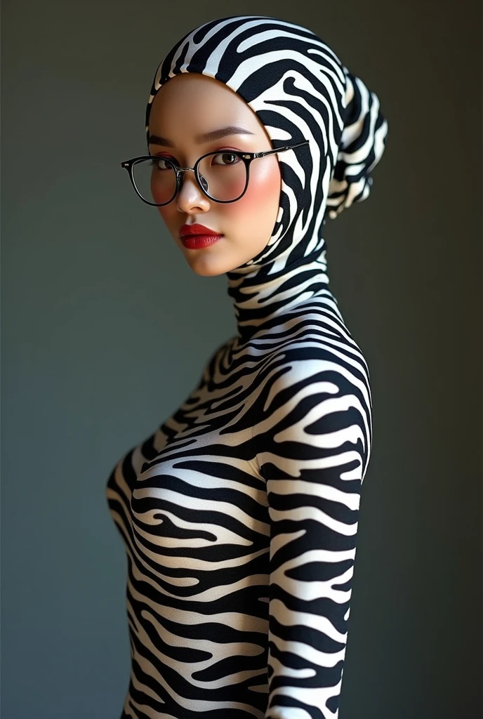 a most beautiful Chinese woman named Tiaw Li Yin with a pair of glasses wears zebra print turtleneck unitard catsuit.She always wear zebra print dancewear hijab overed with stripes.