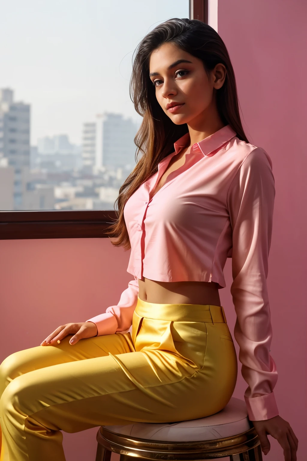 An indian Instagram model, wearing a yellow pink satin shirt and pants in a elegant looks, d size, elegant pose, in a pink background, rim light, warm lights, smoke, long glazing hair