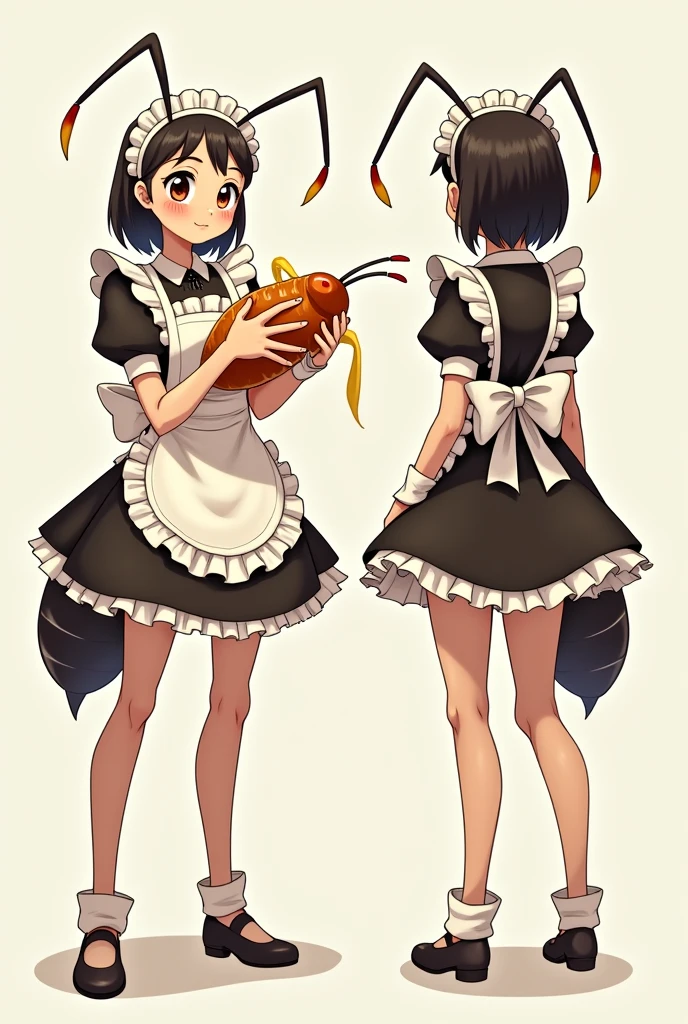 Character sheet, front, side, back, anime style, female worker ant, looking after the larva, maid outfit, fantasy