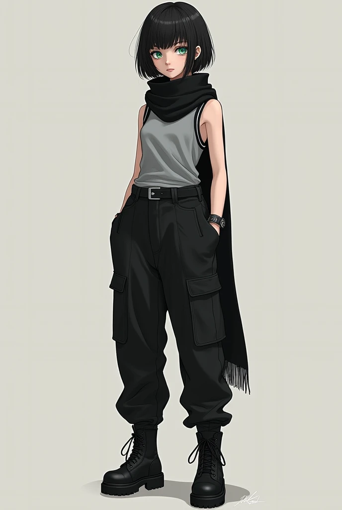 a girl wears black long scarf, sleeveless gray turtleneck with black stripes at the end of shoulders, black belt, black jogger cargo pants, black combat boots. She has short hair, her bangs is covered her left eye, teal color eyes.