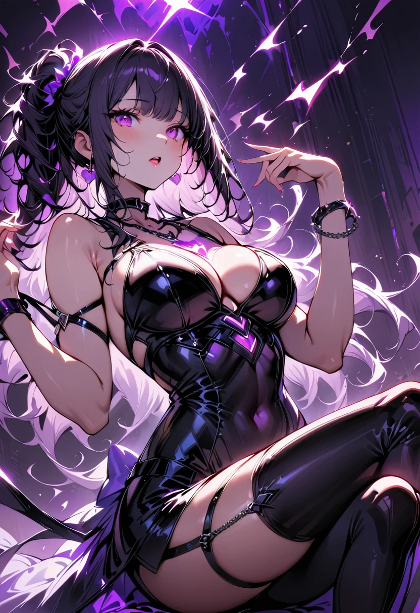 One young and beautiful woman,(Highest quality,Extremely detailed depiction,Incredibly absurd high resolution,Anatomically accurate depiction,Nice hands,Perfect Fingers,Curvy Legs),(Glossのある肌,Oilskin),(Sexy Idol),(Idol Costumes,Cute hairstyle,tights,heart,Chain Choker,boots,Gloss,Chain Accessories,Chain Bracelet),eyelash,(Pink Eyes,Large Breasts,Moist pink lips,Mouth open,Red face),