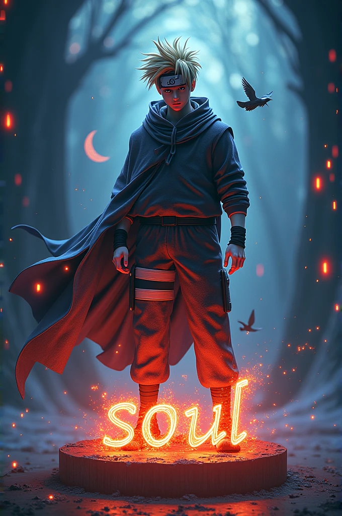 induce an eye- catching 3D gaming totem with a Naruto Ninja , enhanced by a witching gleam effect. Center the textbook" SOUL," radiating intensity, and position" Gaming" below for a dynamic and luminous design