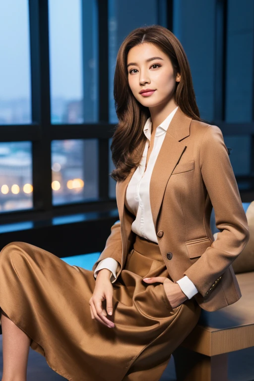 (Light Brown Blazer)、Business Blouse、(Light brown long skirt:1.3)、((Full Body Portrait))、silk pantyhose、Sitting、(Both legs and high heels look beautiful.)、1 girl、Perfect Anatomy, Perfect body, Perfect hands, Perfect Face, Perfect Eyes, Accurate, Anatomically correct, Perfectly clear and sharp focus、Large Breasts、Modern architecture at night on the background、Professional Lighting、((Highest quality、Ultra-high resolution、masterpiece))
