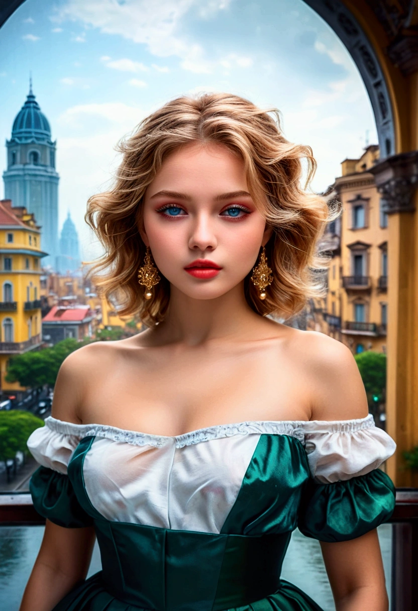 Bright theme, (double exposure image with transparent figure of beautiful woman), antique hand painted, realistic, 8k, highly detailed face, beautiful eyes, beautiful lips, elegant expression, detailed ornate costume, complex background, dramatic lighting, warm color palette, oil painting, masterpiece