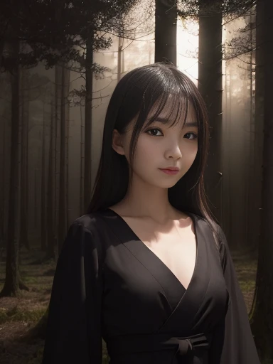 Japanese female, (underweight), (flat chest best quality:1.5), 30 years old,
(forest), grinning, standing, semi long, (dark dress), (in a dark and gloomy world:1.2), (dark atmosphere), (closeup shot:1.3), ground-level shot