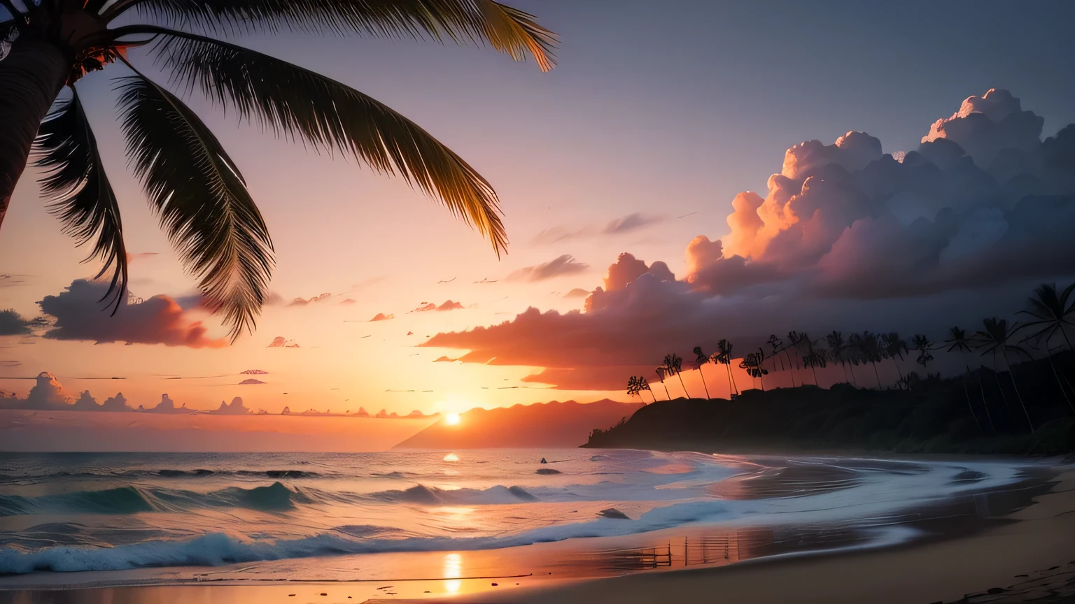 Sunrise Hawaiian Beach, Palm tree, 16:9 , 8k , Photorealistic, Majestic, Cinematic