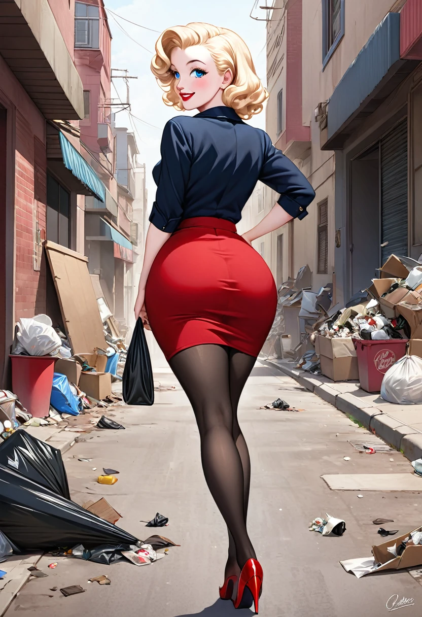 masterpiece, small size head, pinup, Stunning Blonde lady, pale skin, blue eyes, stunning, wearing red royal dress, she wear black stockings and garter belt ,red stilettos ,thick calves, long thick legs , big ass. She is walking in poor african Town with a Lot of garbage and african men.