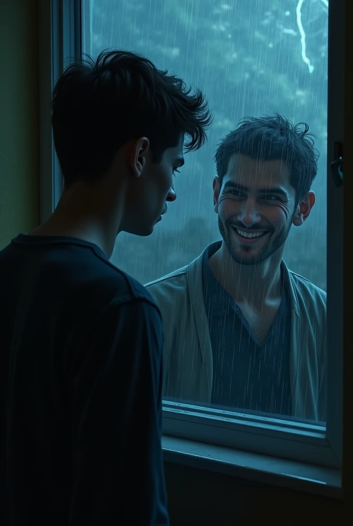 (photorealism:1.2), rainy night, lightening through the window, the telephone caller says, “Look behind you.” He turns around and sees his own reflection (young beautiful man), in the window, but it’s smiling at him with a menacing grin, the reflection laughing not the man front of the window glass.