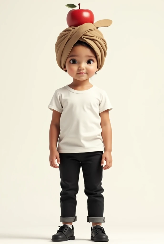 A small girl in white T shirt , black pant and black shoe
With turban
The turban should have a picture of an apple made in cardboard