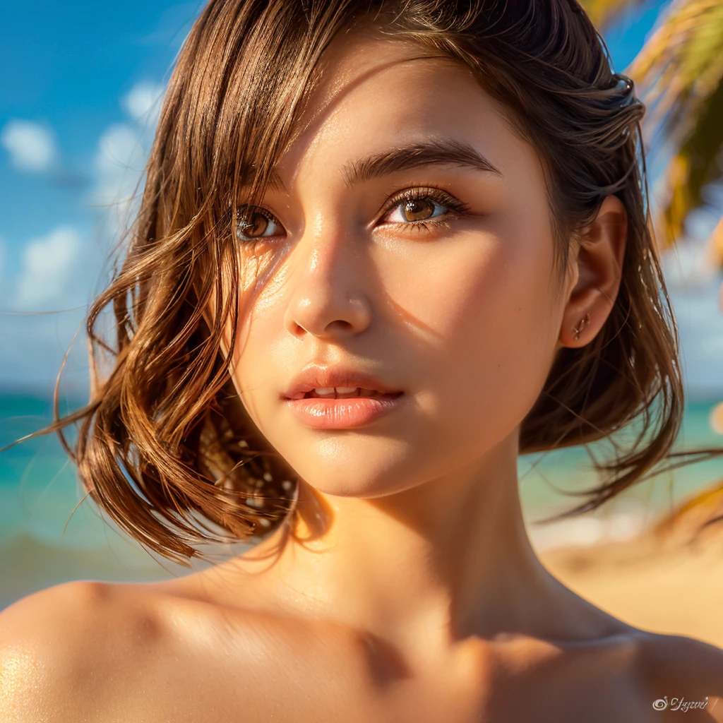 (realistic, photorealistic, photo-realistic:1.37), beautiful detailed eyes, beautiful detailed lips, extremely detailed eyes and face, long eyelashes, 1girl, standing on the beach, nude, natural skin tones, golden hour lighting, sun flare, dramatic ocean waves, tropical palm trees, detailed sandy beach, vibrant blue ocean, warm color palette