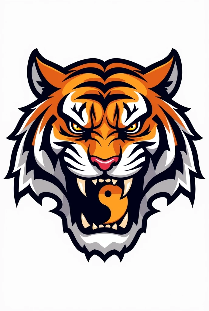 Orange tiger head logo.the tiger's head is in vector form.The tiger bites the black and white yin yang. Image with white background
