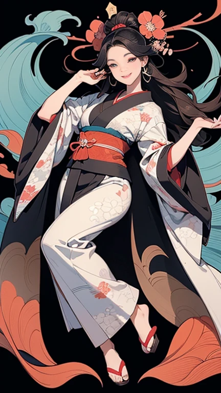 A beautiful woman smiles and shows her upper white teeth、Vividly colored Japanese Ukiyo-e style illustrations、(SeaArt creates stunning illustrations of beautiful women in kimono)、Brown-black long hair、Beautiful full body style、Let's dance a little Tokyo Ondo Yoiyoi、Beautiful digital painting,、Bright vibrant digital anime art、 Detailed digital anime art、 Beautiful anime portraits、background、Torii gate of a shrine in Kyoto, Japan、Detailed CG、