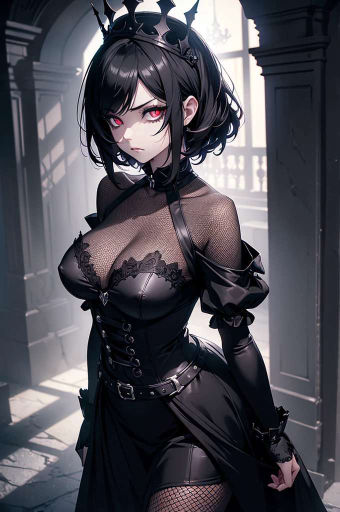 (digital painting),(best quality), masterpiece, 8k resolution, (dark mood background:1.4), dark fantasy, vintage 80s style, oil painting, anime girl, one girl, solo, beautiful girl, goth girl, pale skin, big breast, seducing, (sad face: 1.2), big eyes, (red eyes:1.2), glowing eyes, (very detailed eyes:1.4), cute girl, short hair, black hair, fishnet clothes, crown, dramatic lighting, deep shadows, (view from above:1.2), looking upwards, (wide angle lens distortion:1.2)