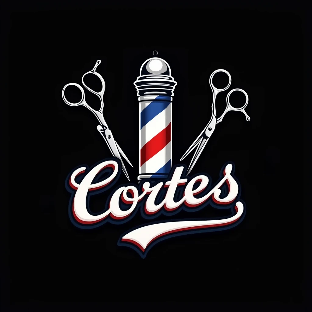 Faça uma logo de barbeiro com um símbolo 💈azul vermelho e branco escrita "Noel Cortes" with a black background and a very detailed font with a barber theme and some scissors behind, a very detailed logo