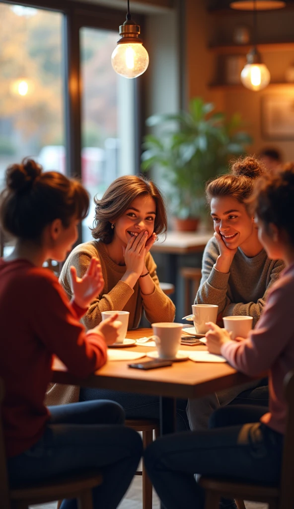 A group of friends discussing and sharing inspiring experiences in a cafe.