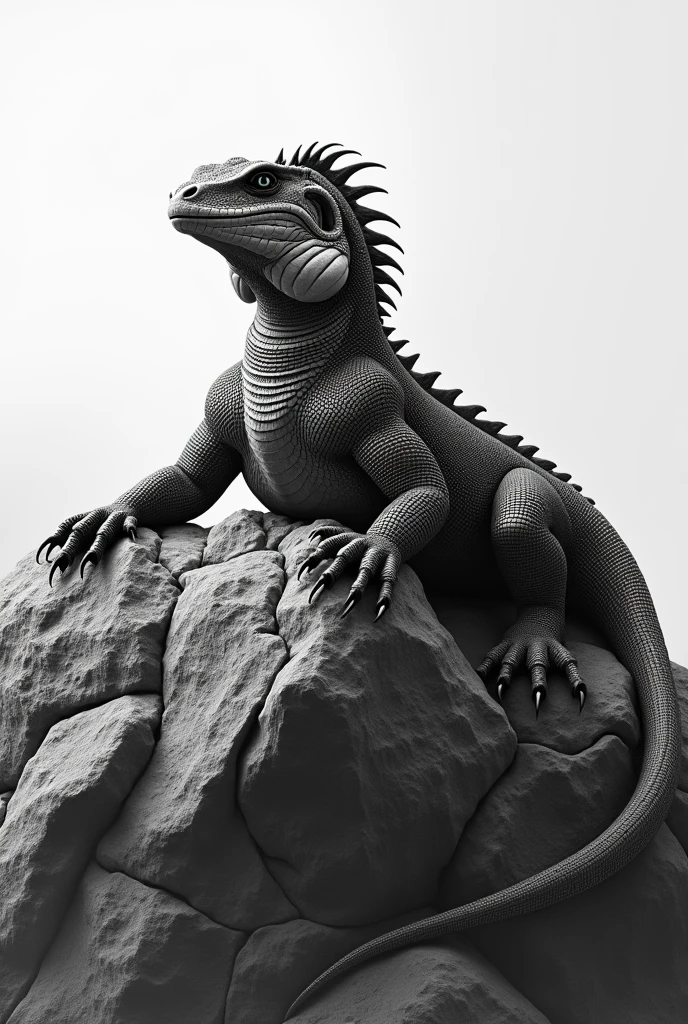A black and white komodo dragon on top of a rock