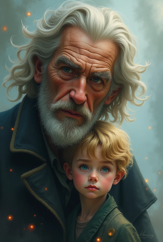 Draw the cover of a fantasy time travel novel，An overlapping picture of an old man with brown hair and a boy with blond hair。
