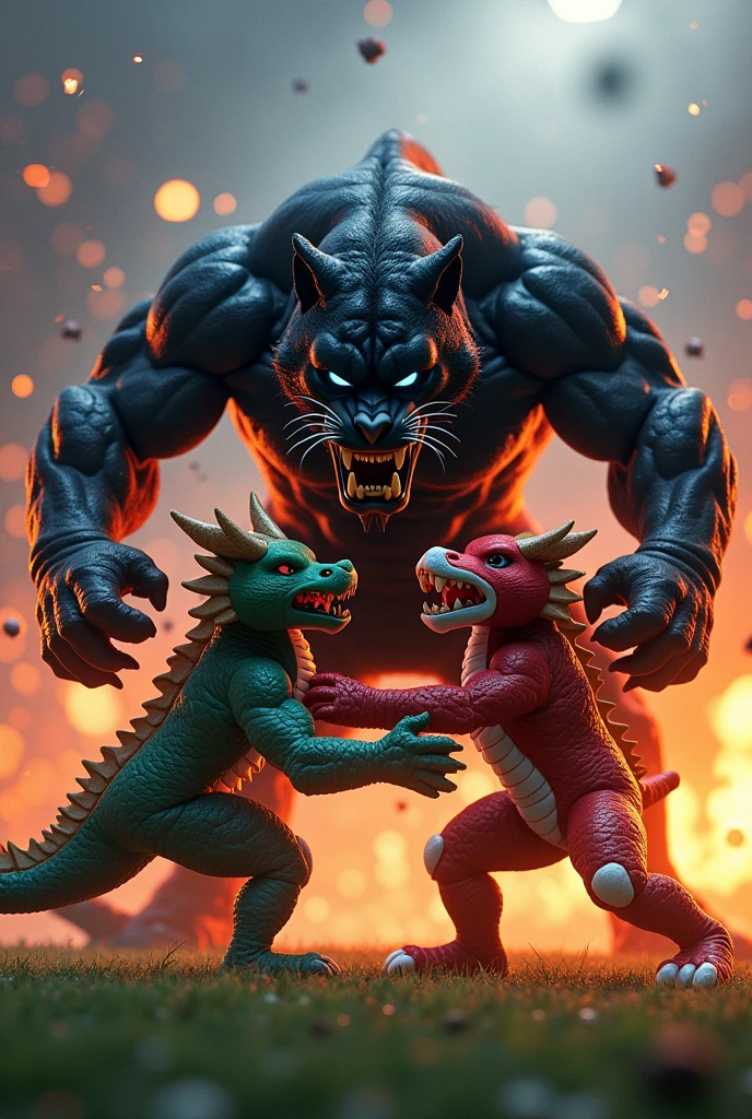 Buff panther mascot beating up red and blue dragon mascot on football field with flames in the background