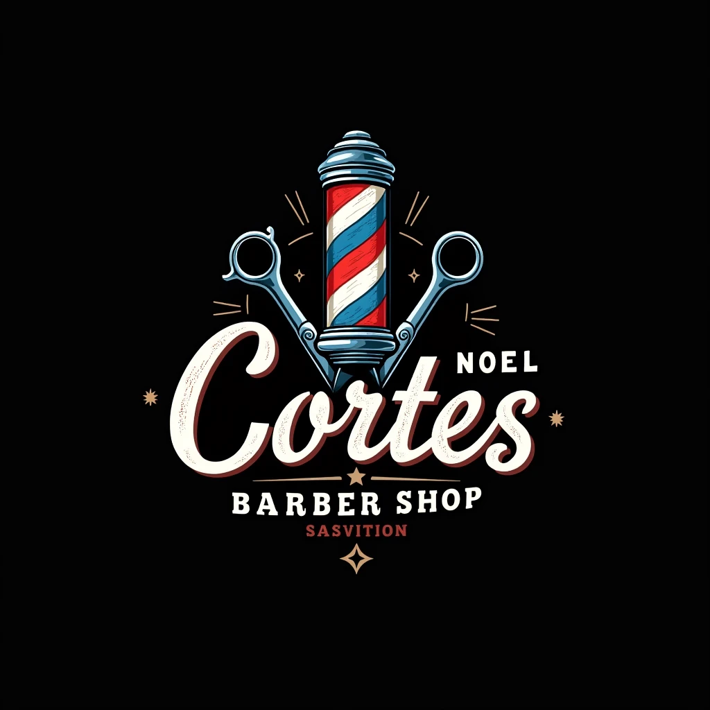Faça uma logo de barbeiro com um símbolo 💈azul vermelho e branco escrita "Noel Cortes" with a black background and a very detailed font with a barber theme and some scissors behind, a very detailed logo