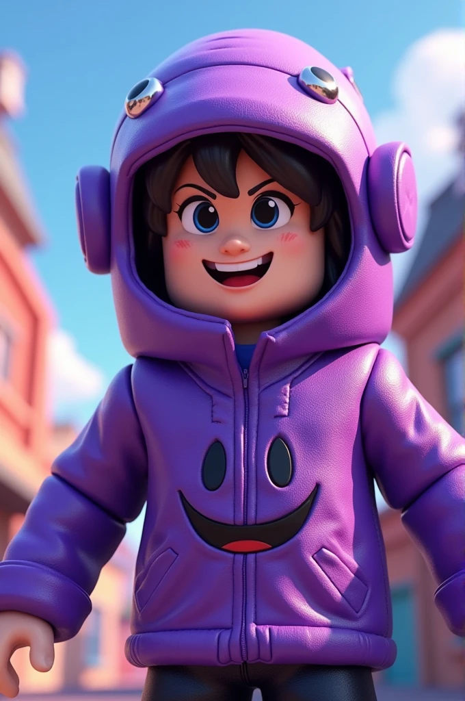 Roblox character with purple buacket and purple jacket with smiley face on it