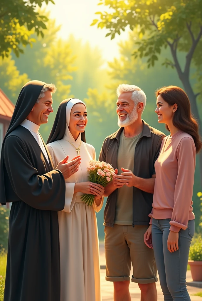 Generate an image, where in the environment there is a priest, uma freira, a couple consisting of a man and a woman and also another man in casual clothes. Representing the four vocations of the Catholic Church. Everyone is very happy and interacting with each other