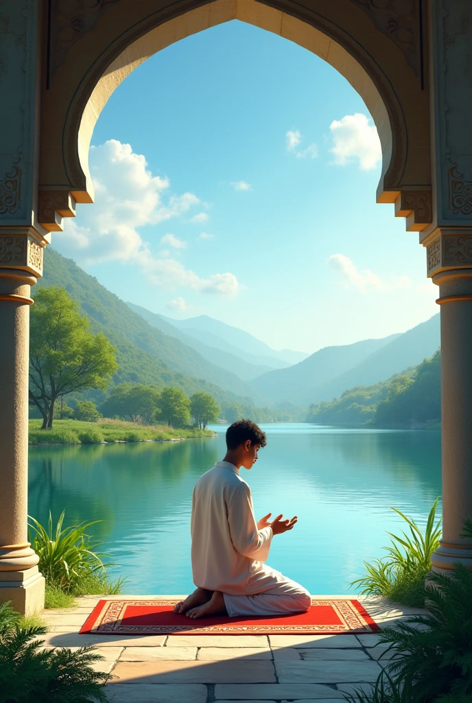 একটি তরুণ যুবক নদীর ধারে নামাজ পড়ছে