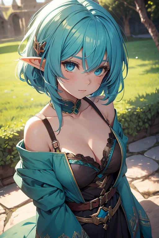 Elf girl with short, shaggy blue hair , medieval clothes , green and blue eyes , bikini green and blue