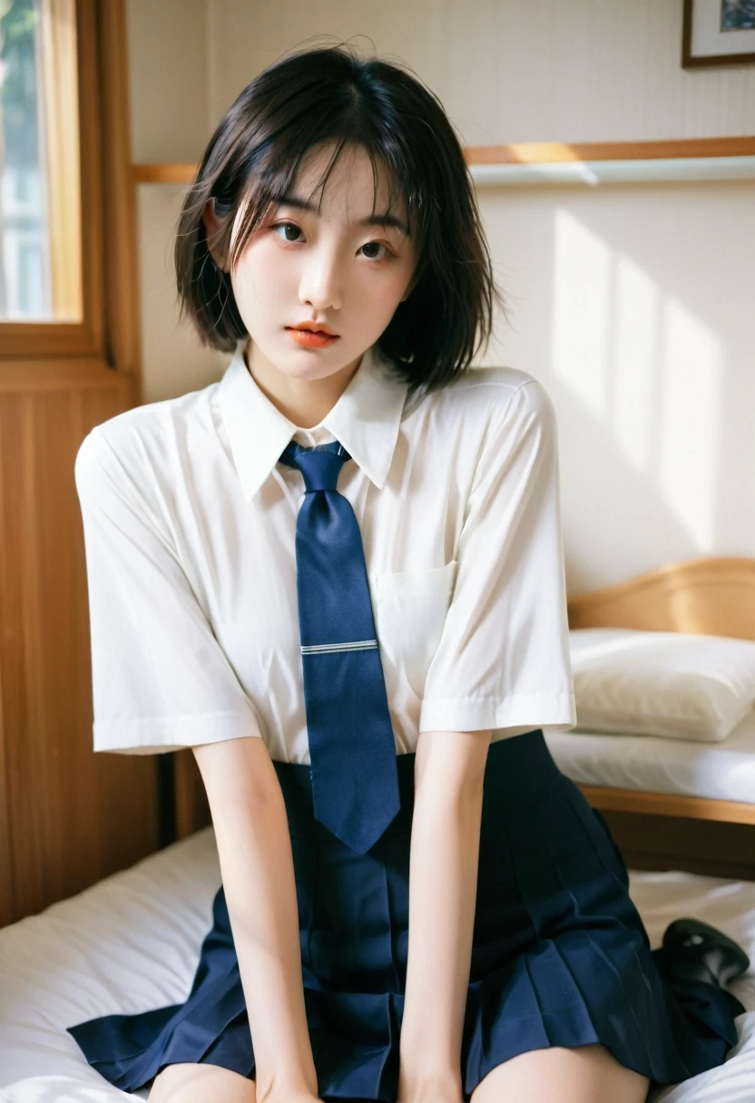 Low angle shot, Alafed asian woman in short skirt and bow tie sitting on train, cute schoolgirl, Japan schoolgirl uniform, wearing Japan school uniform, wearing Japan school uniform, white blouse, surreal schoolgirl, high school girl, surreal schoolgirl, surreal schoolgirl, girl in uniform, girl in uniform, girl in uniform, posing high school girl, full body, fair skin, small, pure white pants, show off, nice skin, shining skin, nice thighs, shining thighs, shining legs, bob cut hair,