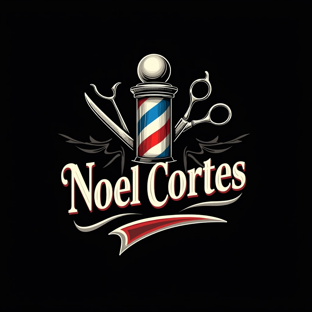 Faça uma logo de barbeiro com um símbolo 💈azul vermelho e branco escrita "Noel Cortes" with a black background and a very detailed font with a barber theme and some scissors behind, a very detailed logo 