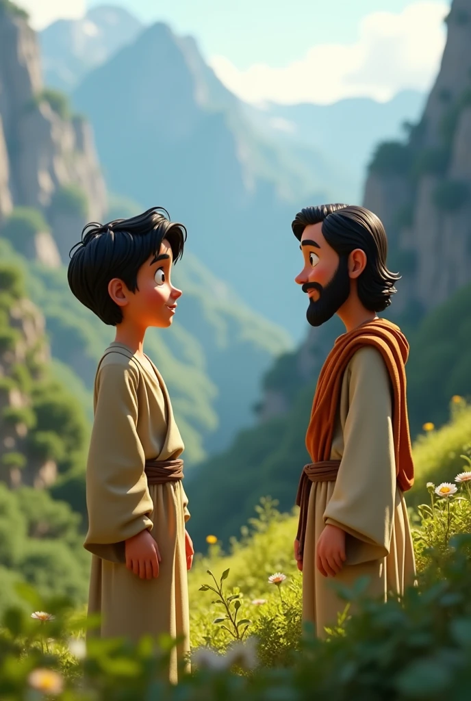 pixar character, ager in biblical times, with Jesus, slickedback hair, in a setting of lush green mountains