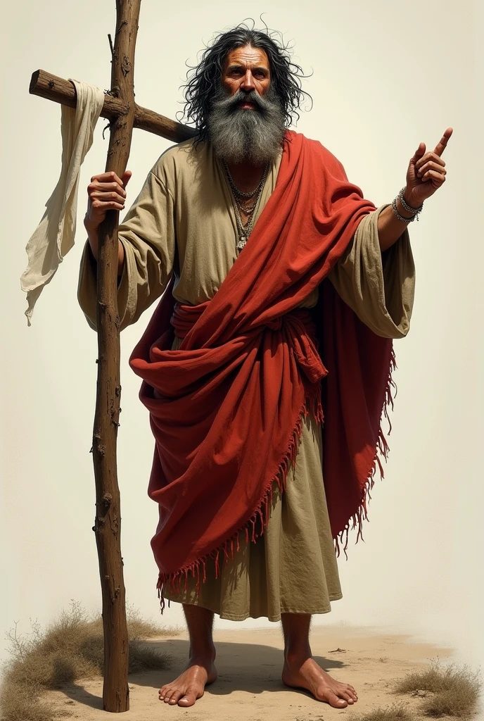 Realistic image of Saint John the Baptist, he has a large, gray and tangled beard, tangled and messy dark hair, he wears a tunic made of lion skin and a red cloak draped over his shoulders, he has bare feet on the dirt floor, a dirty appearance, he has a Looking like a madman, he carries in his left hand a thin cross the size of his body with white paper rolled up and flowing and his right hand is up with the finges pointing to heaven