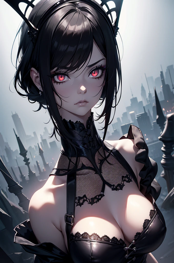 (digital painting),(best quality), masterpiece, 8k resolution, (dark mood background:1.4), dark fantasy, vintage 80s style, oil painting, ecchi, anime girl, one girl, solo, beautiful girl, goth girl, pale skin, big breast, seducing, (sad face: 1.2), big eyes, (red eyes:1.2), glowing eyes, (very detailed eyes:1.4), cute girl, short hair, black hair, fishnet clothes, crown, dramatic lighting, deep shadows, (view from above:1.2), looking upwards, (wide angle lens distortion:1.2)