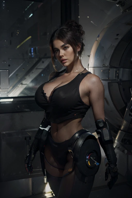 detailed humanoid chubby woman, android, pale human face, delicate features, short dark brown hair, human torso wearing tank top, spandex shorts, robotic legs and arms, space prison with view of Earth, best quality, 4k, 8k, highres, masterpiece:1.2, ultra-detailed, realistic, photorealistic, photo-realistic:1.37, HDR, UHD, studio lighting, ultra-fine painting, sharp focus, physically-based rendering, extreme detail description, professional, vivid colors, bokeh, sci-fi, concept art