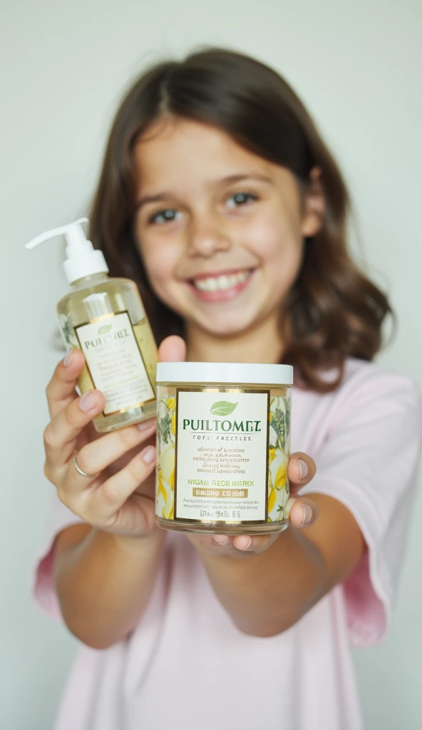 girl holding product in hand smiling