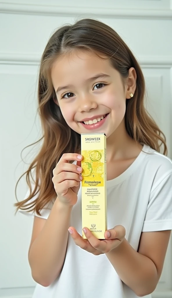 girl holding product in hand smiling