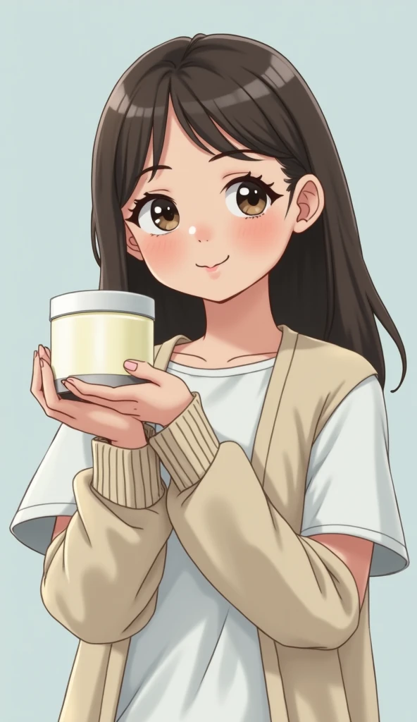girl holding product in hand smiling