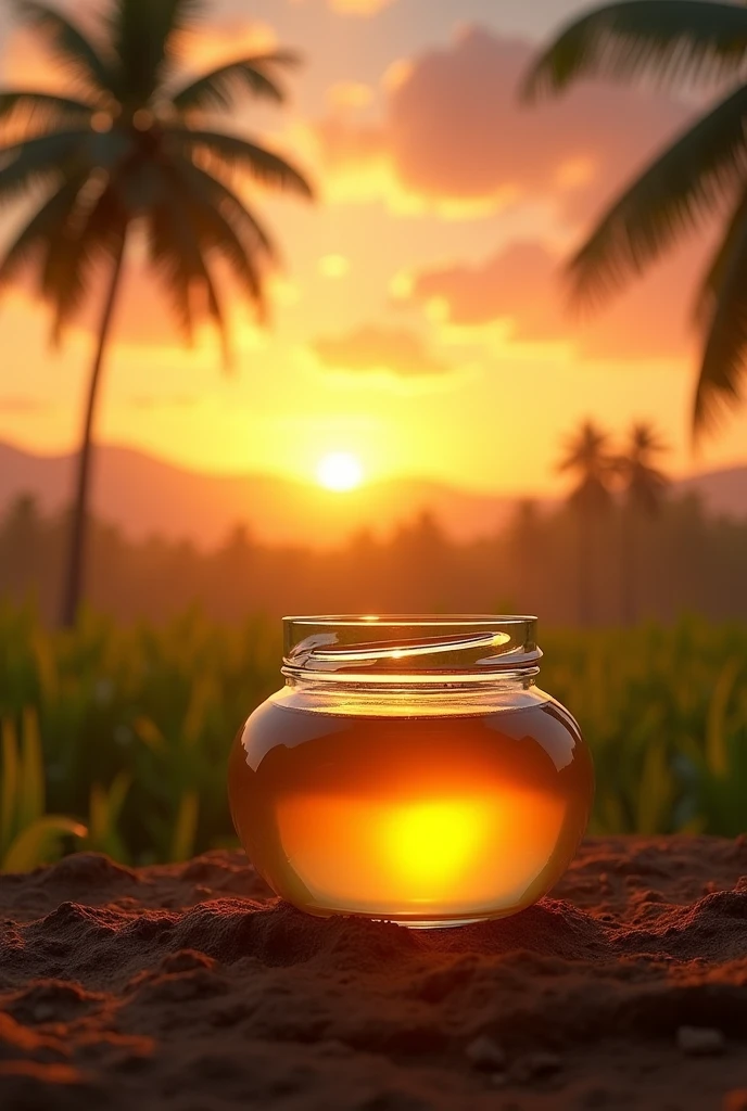 Coconut oil with background of Coconut farm in the evening time of sunset