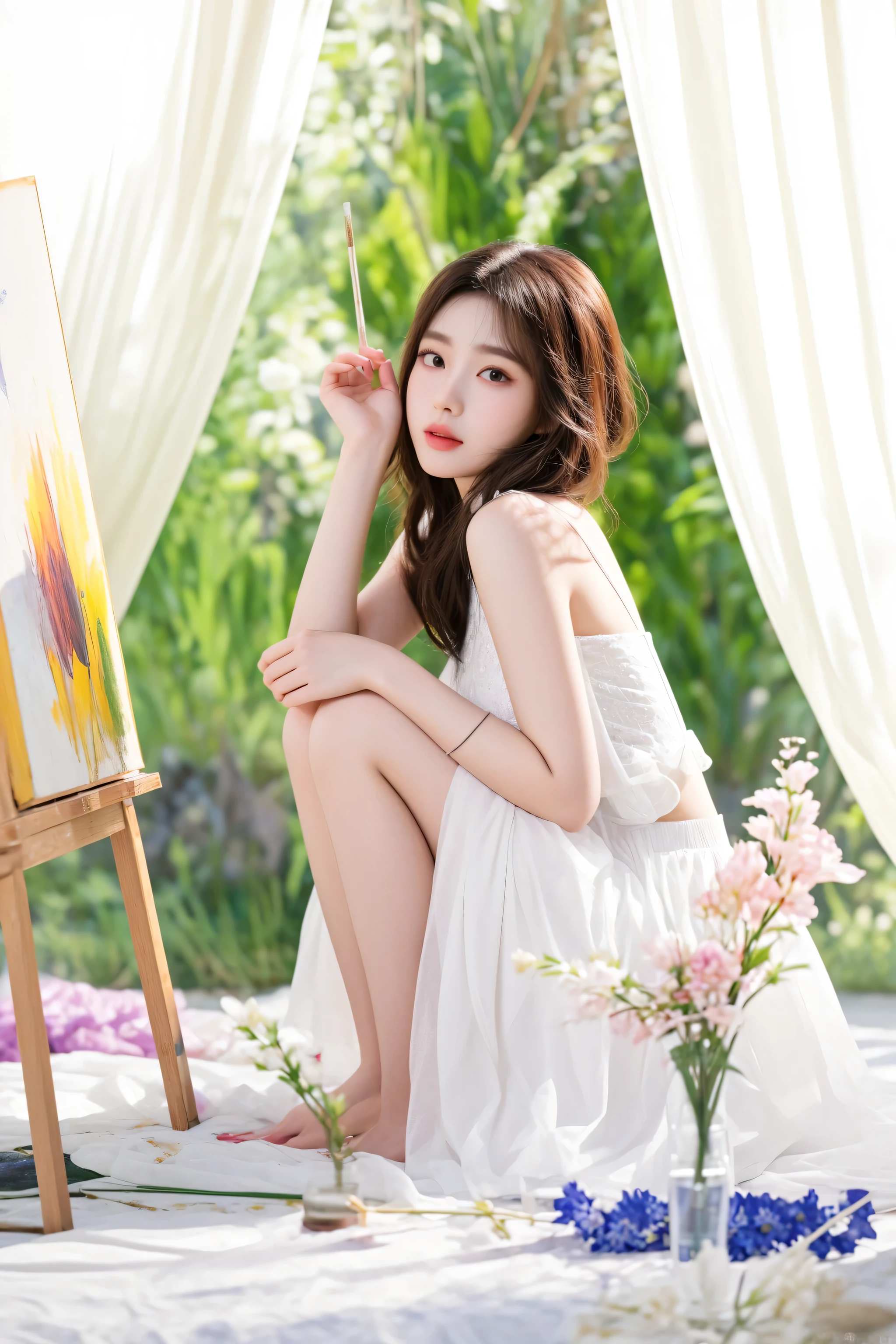 there is a woman sitting on the ground with a painting, portrait image, cute elegant pose, sakimichan, beautiful young korean woman, attractive pose, a stunning young ethereal figure, jaeyeon nam, photoshoot, gorgeous young korean woman, young wan angel, official artwork, photo taken with nikon d750, photo taken with nikon d 7 5 0