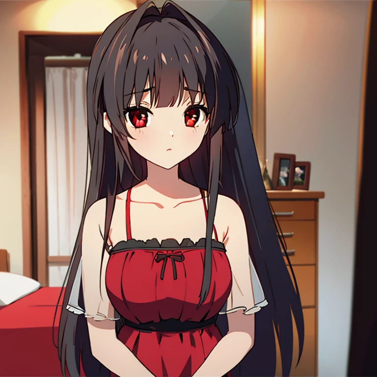 1girl, long hair, black hair, big eyes, red eyes, lingerie, bedroom, blund bangs, 