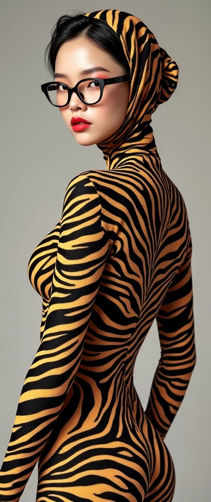 a most beautiful Chinese woman named Tiaw Li Yin with a pair of glasses  with beautiful cheekswears zebra print turtleneck unitard catsuit.She always wear zebra print dancewear hijab covered with stripes.
