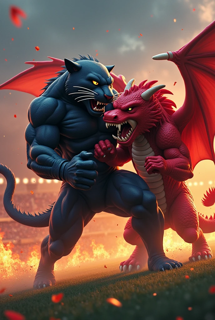 Buff panther mascot beating up red dragon mascot on football field with flames in the background 