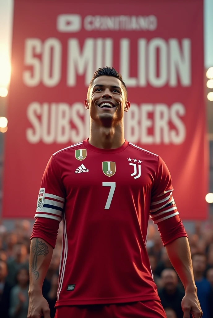 Ronaldo celebrate 50milion youtube subscribers..

There a banner in background shows 50M subscribers done..

& So many people are enjoying  in background.. 

Ronaldo turn back side jersey number 7 and jersey colour red, pant also red , no other logo on jersey without a YouTube logo...

Ronaldo Juventus hair Look real