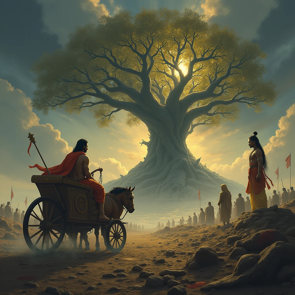 Envision Arjuna in his chariot, deeply troubled and sorrowful, as he gazes at a crumbling family tree in the background. His face shows a mix of anguish and despair, while his grip on his bow slackens, symbolizing his inner conflict. The family tree is grand yet decaying, with its once-vibrant branches now withering and breaking apart, representing the collapse of traditional values and the rise of disorder. Around the tree, depict shadowy figures and spectral faces of family members, their expressions haunted by the loss of their ancestral heritage.
On Arjuna's right, show Krishna in a separate, elevated position, exuding divine calm and radiance. Krishna’s presence is marked by a celestial glow that contrasts with the darkening sky above, divided between the remnants of divine light and encroaching darkness. The sky reflects the cosmic battle between righteousness and unrighteousness. The battlefield is in chaos, with scattered remnants of broken family symbols and faded banners, emphasizing the impact of the moral decay Arjuna fears. The scene should be rich in detail, with a dramatic contrast between Arjuna's turmoil and Krishna's divine assurance, capturing the profound emotional and spiritual stakes of the moment.