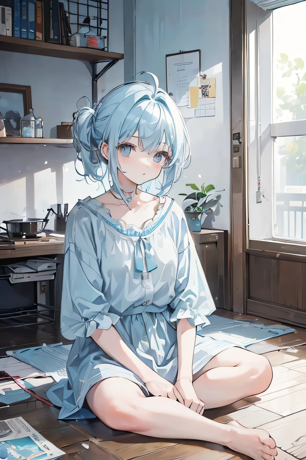 (((One person))), ((((alone)))), ((Messy hairstyle)), (((Light blue hair)), Soft blouse,Sitting on the floor,Asahi,room