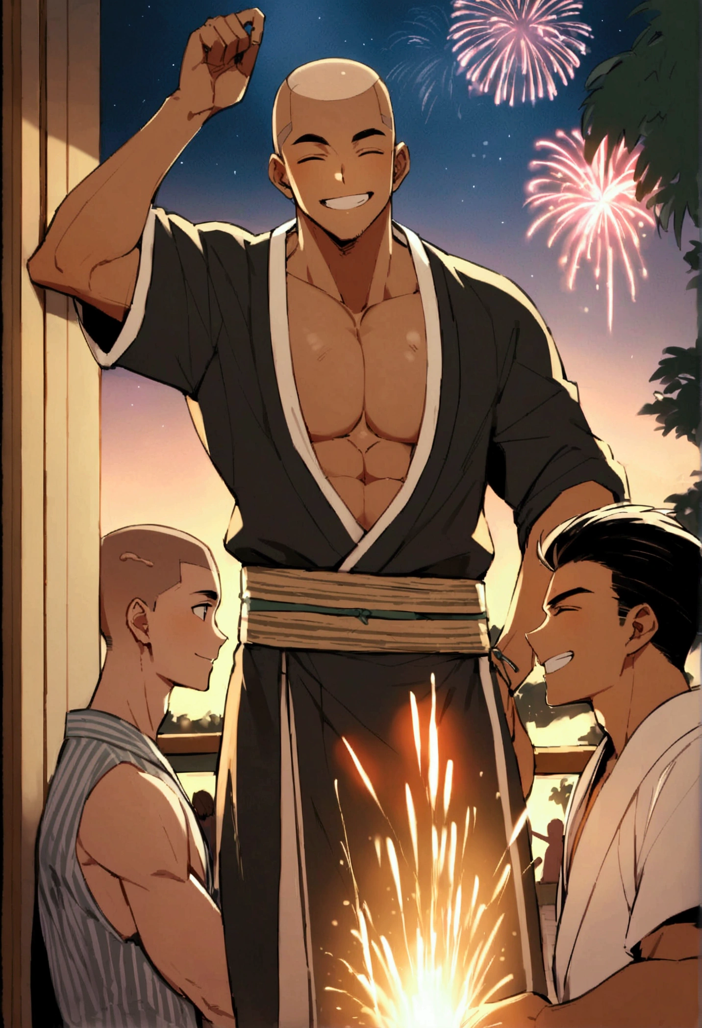 Highest quality、Midsummer evening、Short Hair、Sports haircut、Three macho men wearing yukatas watching fireworks on the veranda、Happy Face、Pectoralis major、Abdominal muscles、Brown skin、Shaved head