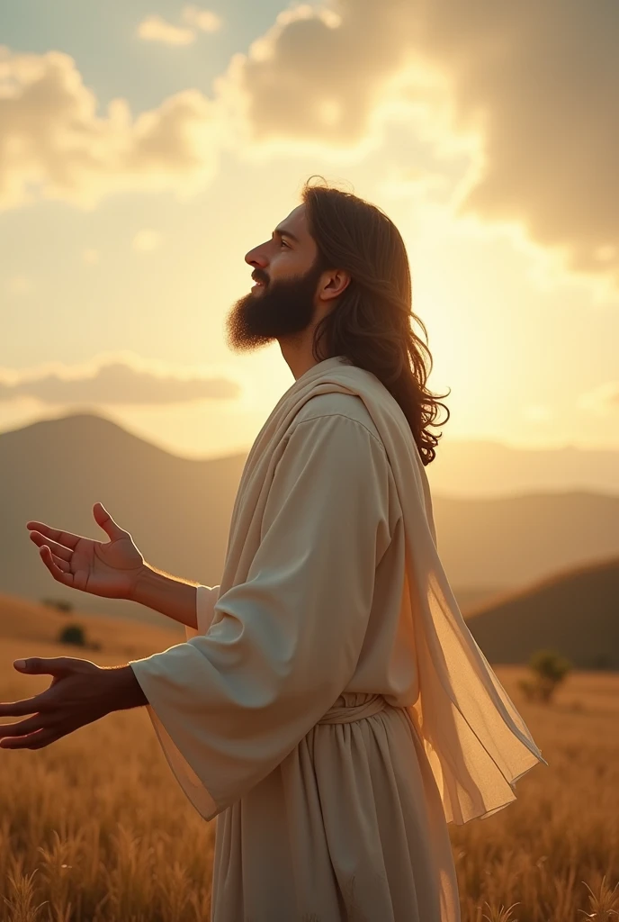 A serene scene of a bearded man resembling a classic depiction of Jesus Christ, standing in a field at sunrise or sunset. He is positioned in profile, with his body turned to the side and his arms outstretched. His head is slightly tilted upward, gazing gently toward the sky. He has long, wavy brown hair and a well-groomed beard, with a calm and compassionate expression on his face. He is dressed in flowing white robes that drape gracefully over his body. The light from the sun reflects on the side of his face and robes, illuminating his features with a warm, golden glow. The background consists of rolling hills and a vast sky with a mix of clouds and soft sunlight, enhancing the tranquil and divine ambiance of the image.